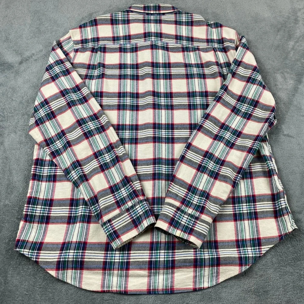 Lucky Brand Mens XL Shirt Cream Red Green Plaid Classic Fit Flannel Button Down